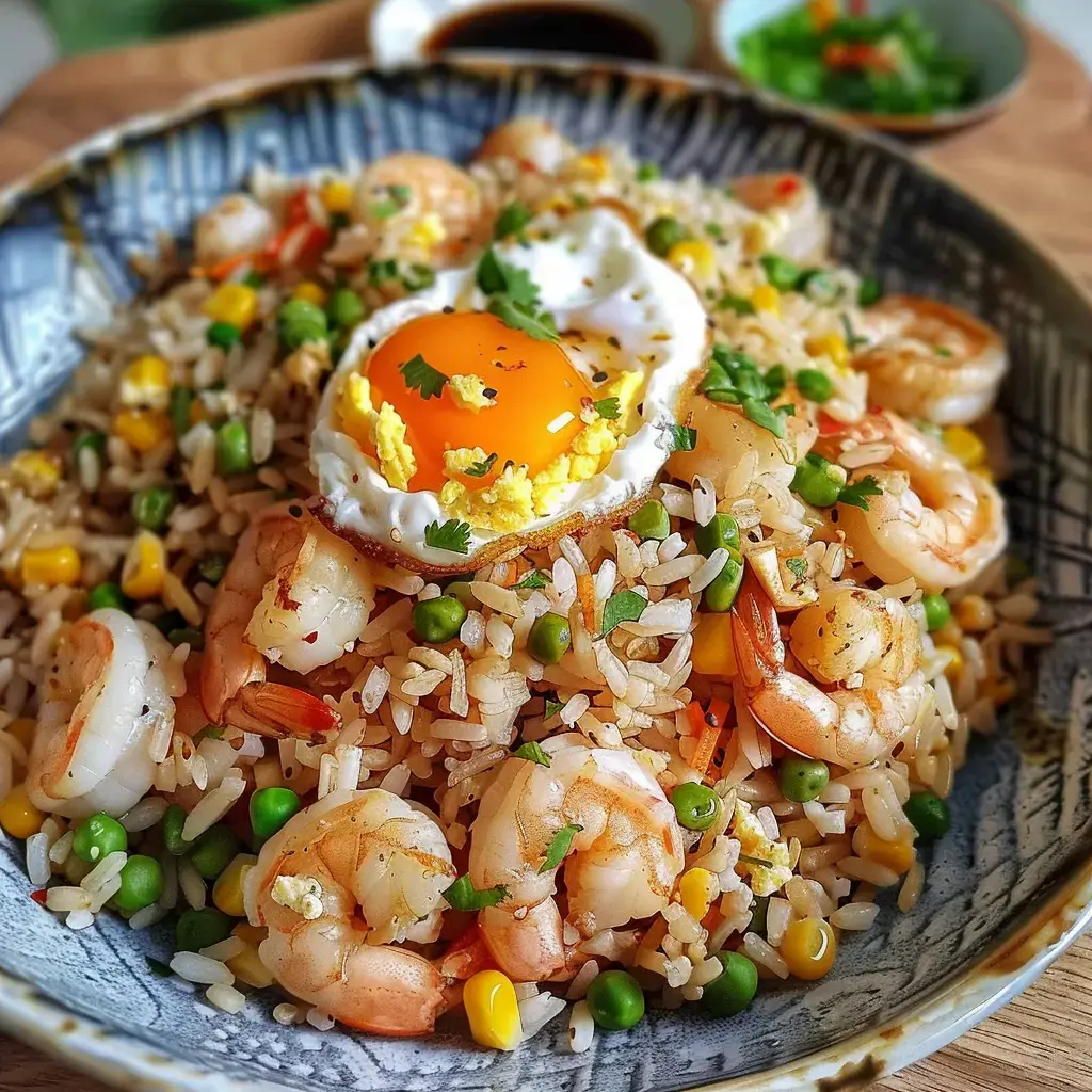 Un plat gourmand de riz sauté avec des crevettes, des légumes variés et une touche de fraîcheur, servi simplement.