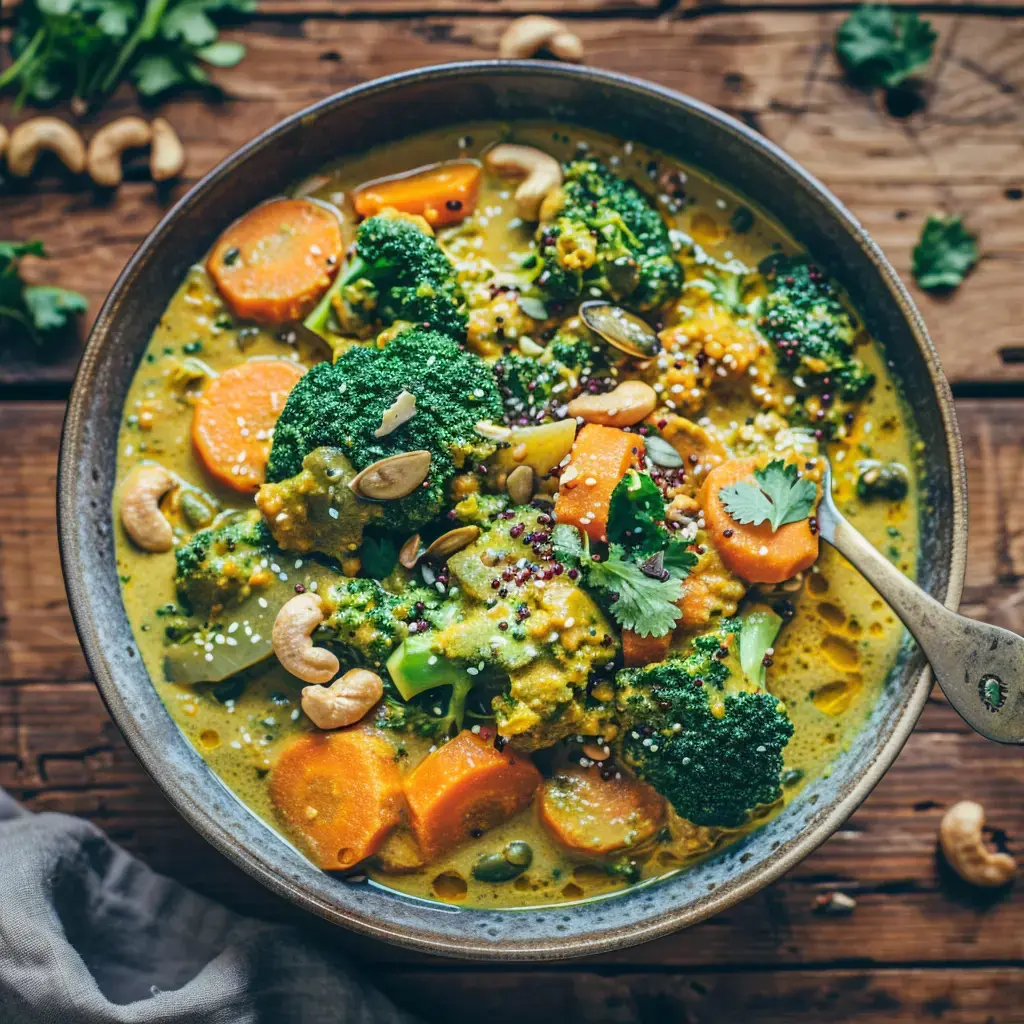 Un bol appétissant de curry de brocolis et lentilles servi avec des noix et un soupçon de coriandre fraîche.