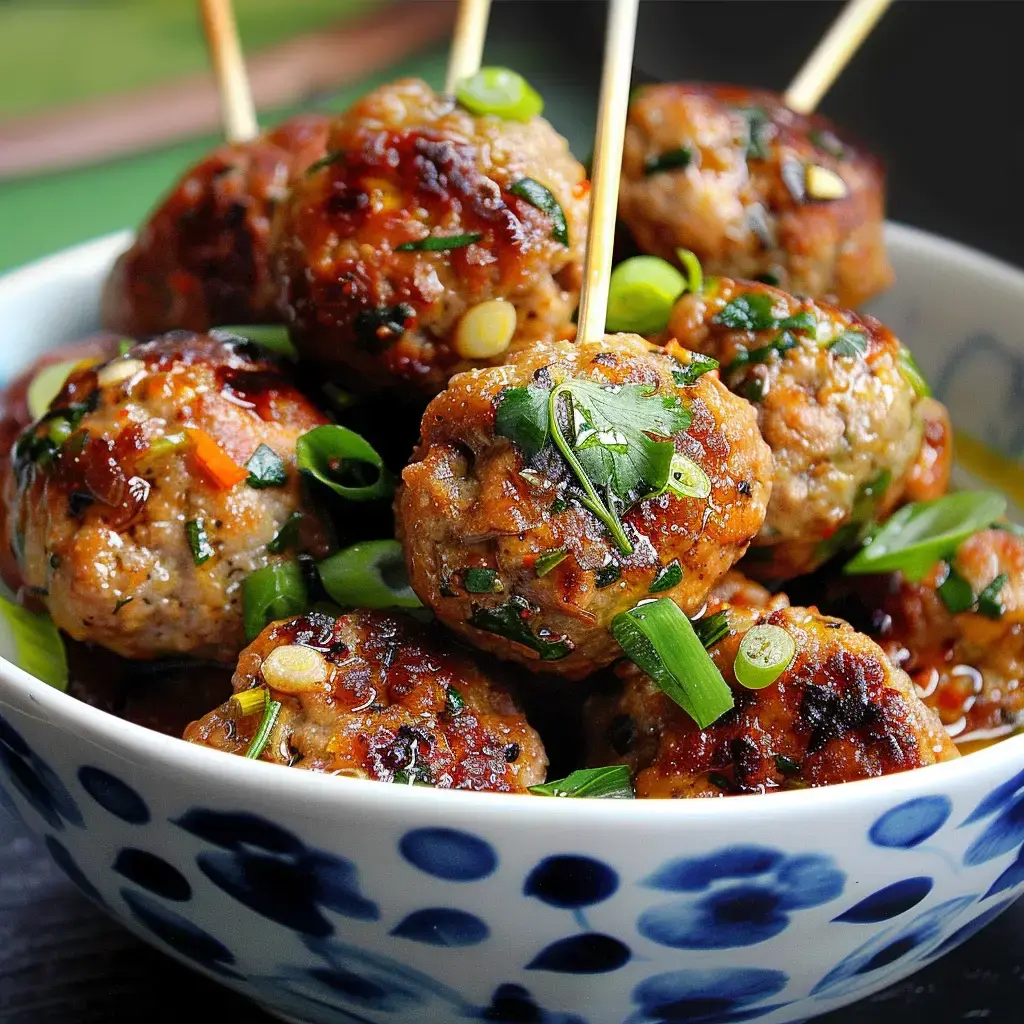 Charmantes boulettes de viande dorées, décorées de coriandre et d'oignons verts, élégamment présentées dans un bol chic.