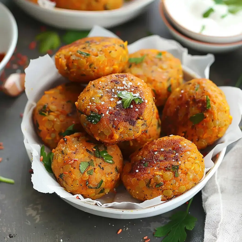 Des boulettes végétales dorées parsemées de persil frais, servies sur un papier dans un bol.