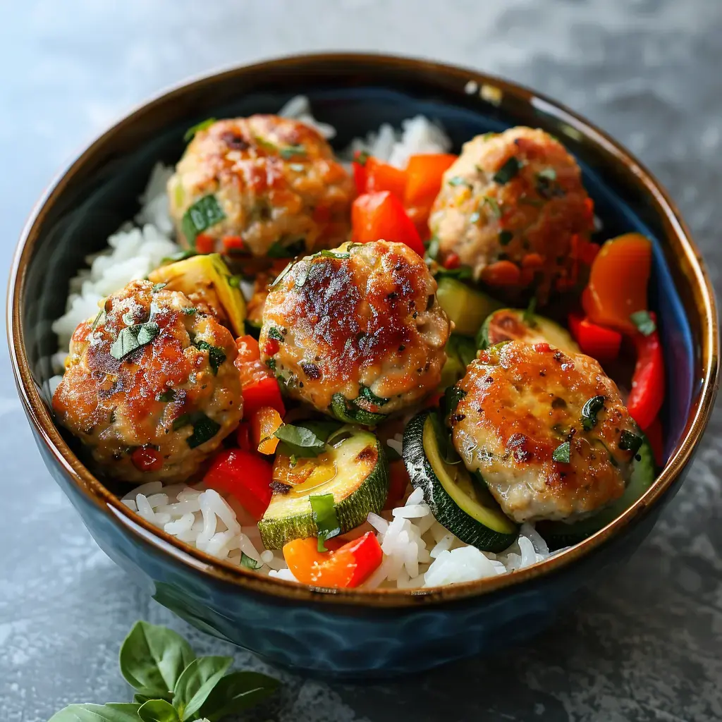 Un délicieux plat de boulettes de viande servies avec du riz parfumé et des légumes variés comme des courgettes et des poivrons.