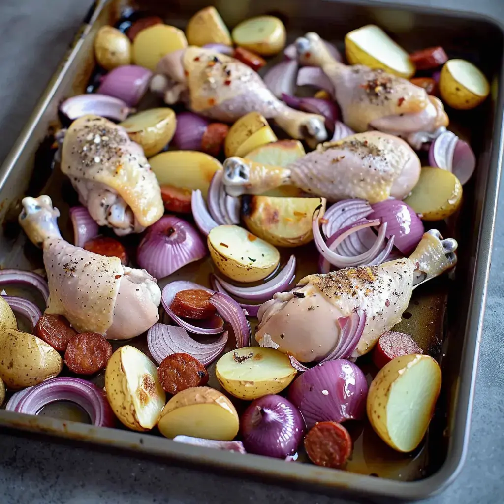 Poulet rôti avec chorizo, pommes de terre et oignons rouges dans un grand plat à gratin.