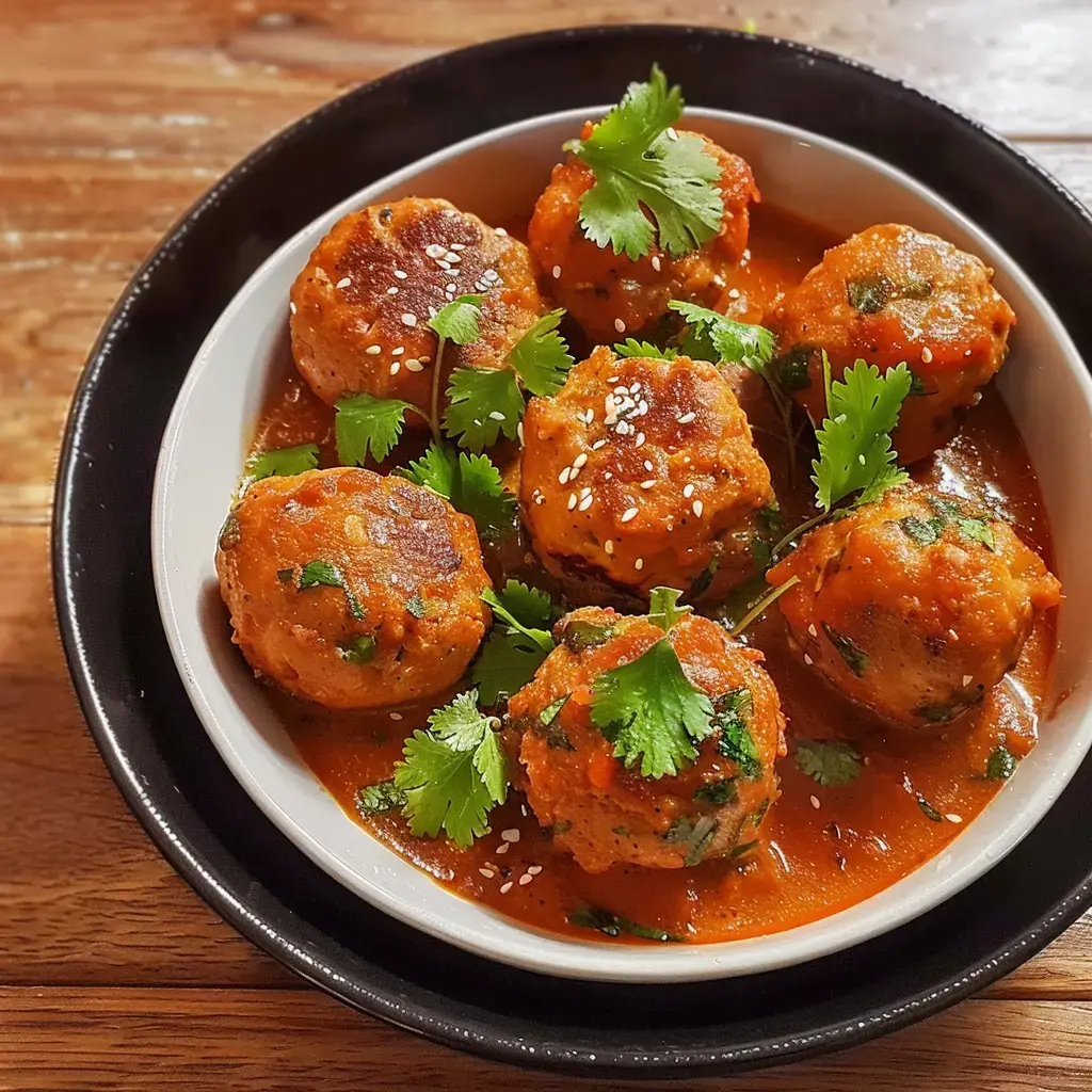 Un bol garni de boulettes tendres au curry, nappées d'une sauce rouge onctueuse et décorées de coriandre fraîche.