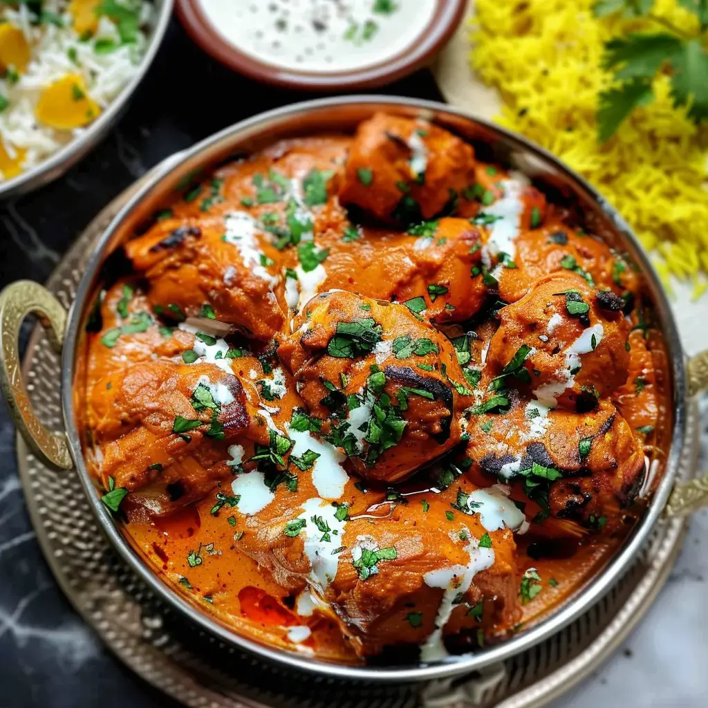 Un poulet tandoori crémeux avec riz jaune et coriandre fraîche.