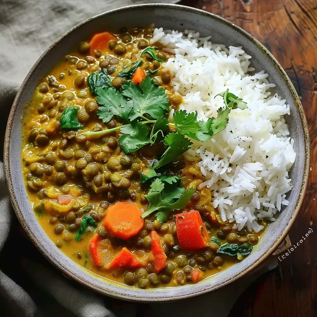 Un curry de lentilles vertes aux légumes, servi avec du riz basmati et parsemé de coriandre fraîche