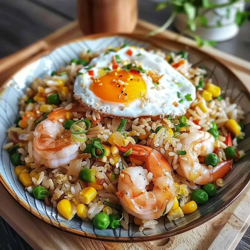 Riz sauté aux gambas garni d'un œuf au plat et parsemé d'herbes fraîches