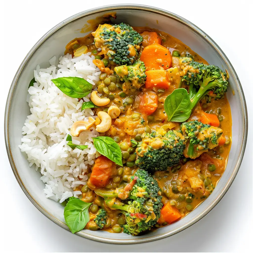 Curry végétarien aux brocolis, carottes et lentilles corail, garni de noix de cajou et basilic frais