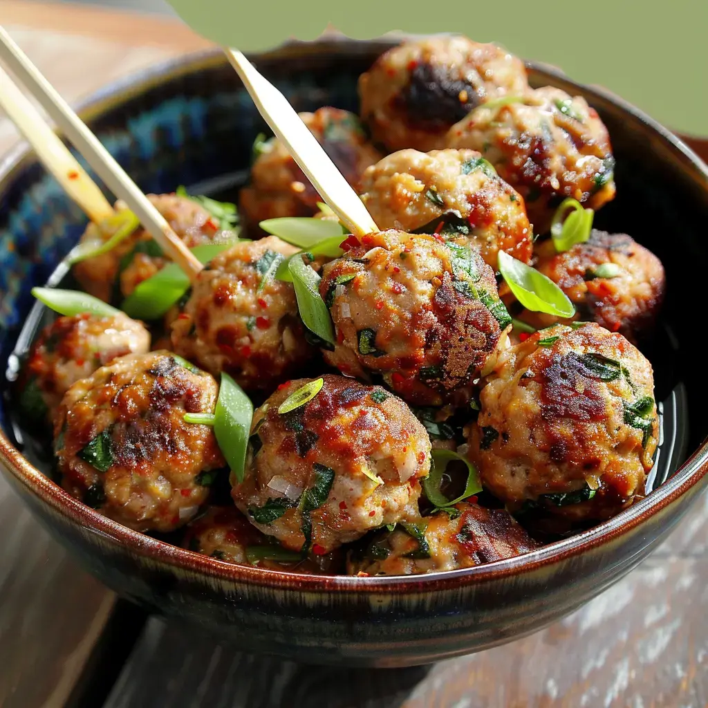 Boulettes de viande asiatiques garnies d'oignons verts, présentées avec des piques en bambou