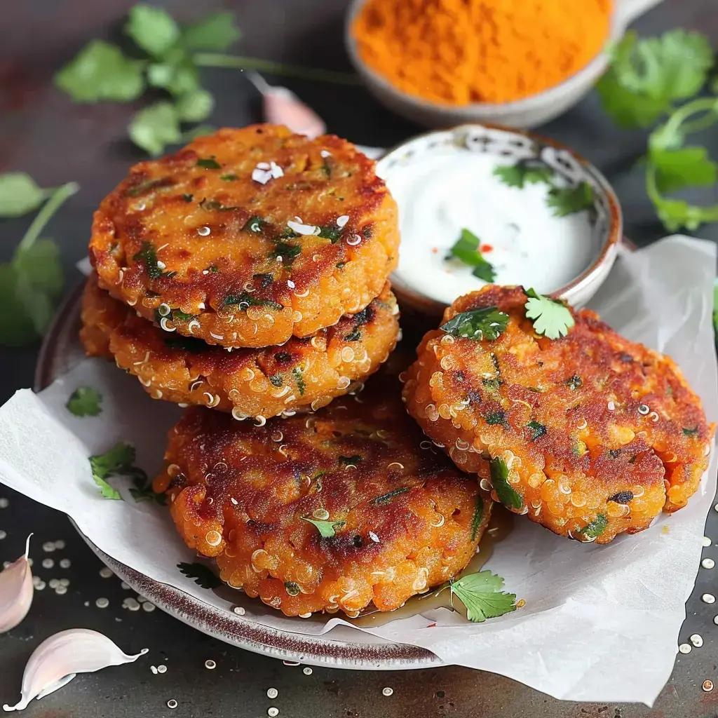 Des galettes dorées à base de quinoa, accompagnées d'un fromage blanc et d'épices en garniture.