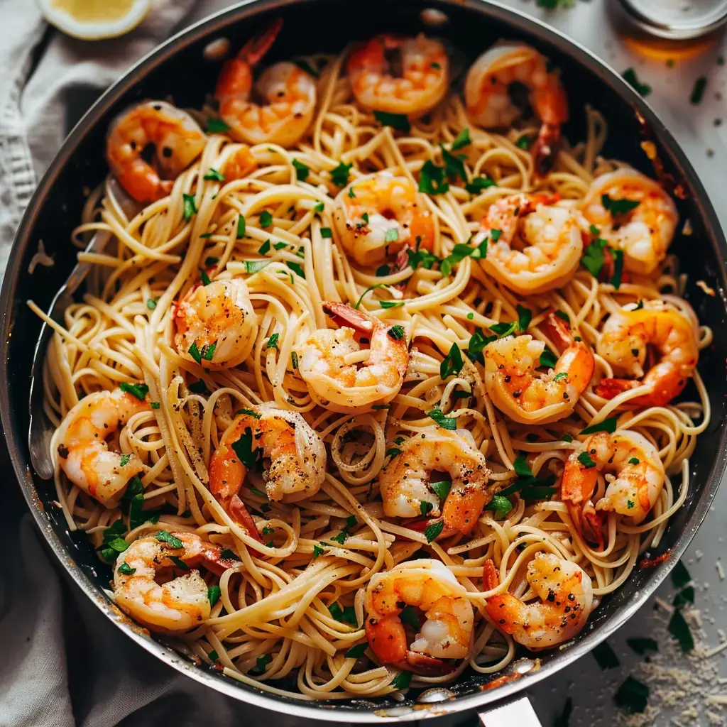 Des linguine aux gambas garnies de persil frais, servies dans une poêle en fonte.