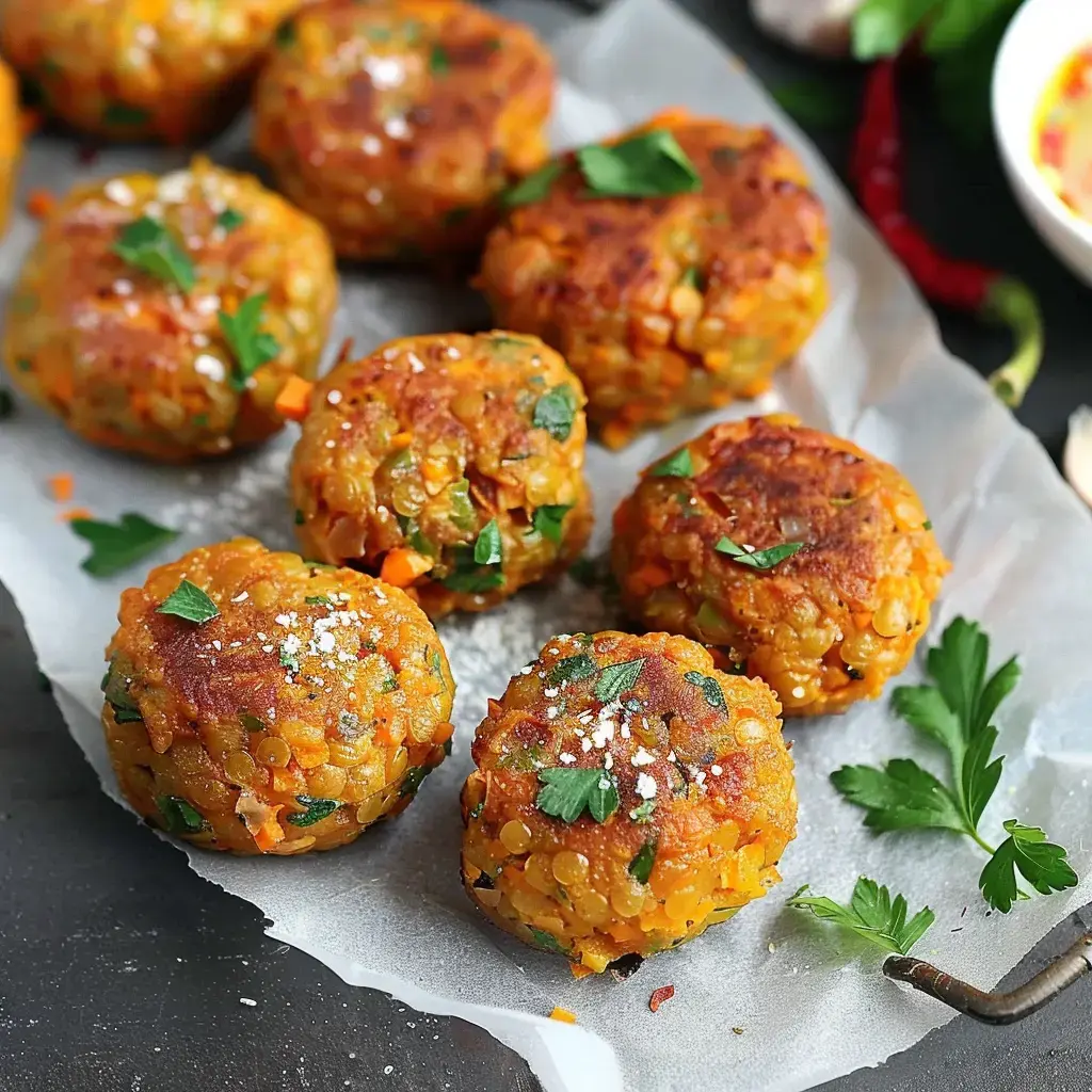 Des boulettes de lentilles dorées, garnies de persil, sur du papier parchemin.