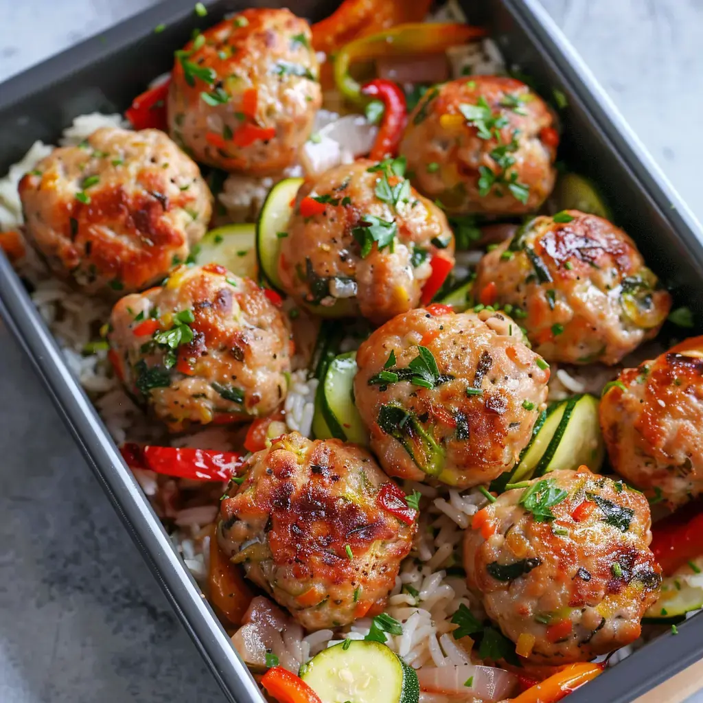 Un plat en terre cuite rempli de boulettes de volaille dorées avec sa garniture colorée de légumes et riz