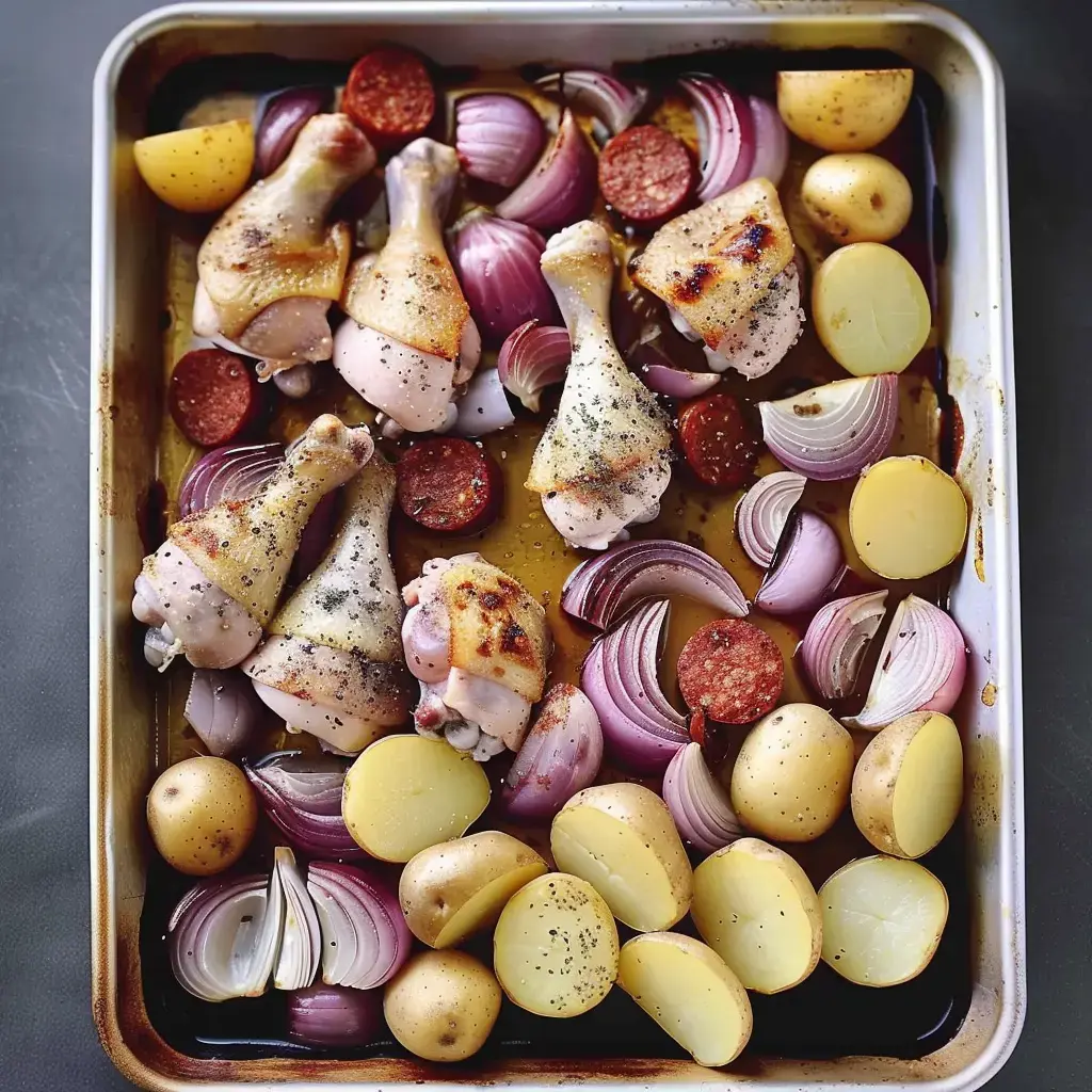 Plat de cuisses de poulet rôti, saucisse de Morteau, oignons rouges et pommes de terre dorées sur une plaque de cuisson.