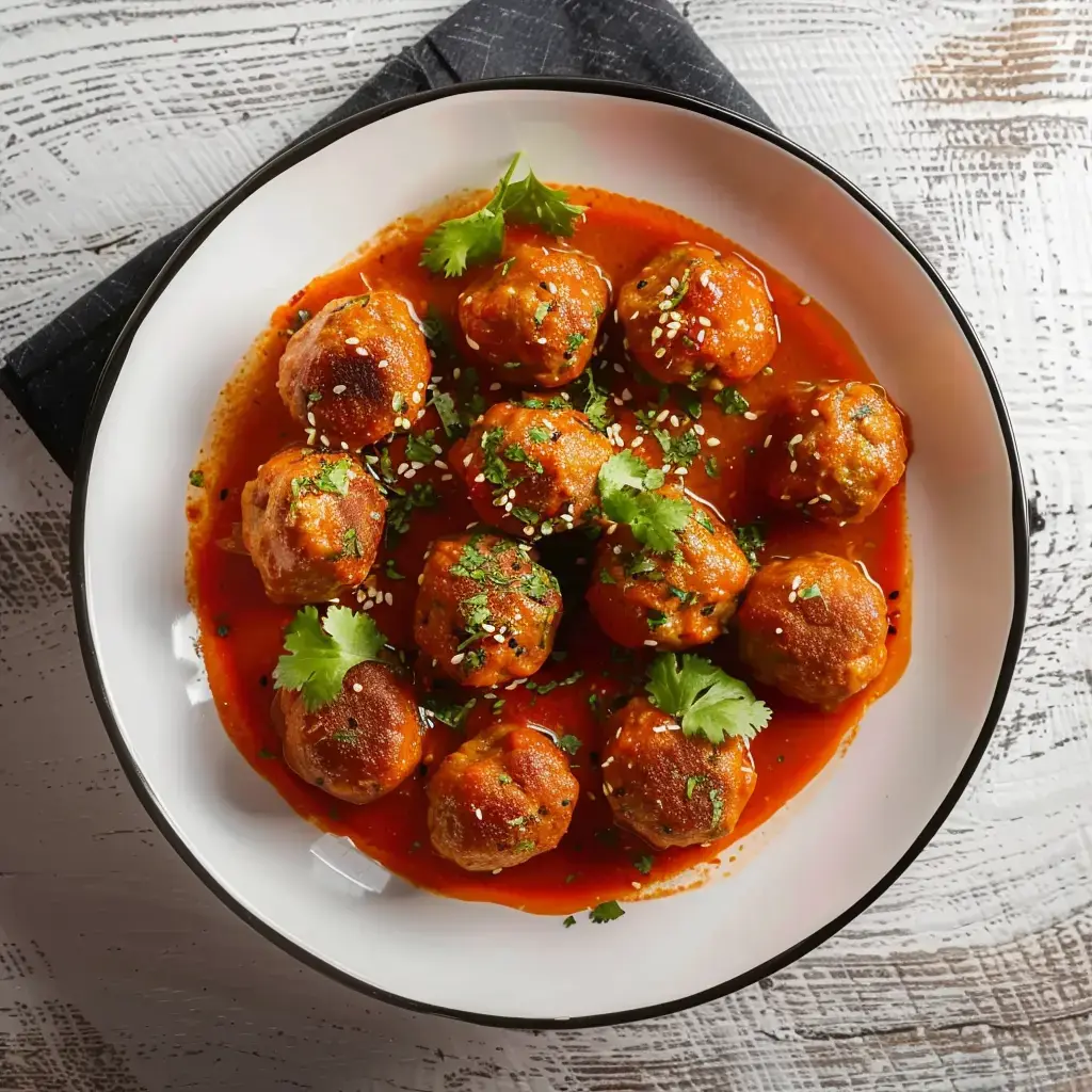 Boulettes de viande en sauce crémeuse aux tomates, garnies de menthe et de sésame, servies dans une assiette en céramique.