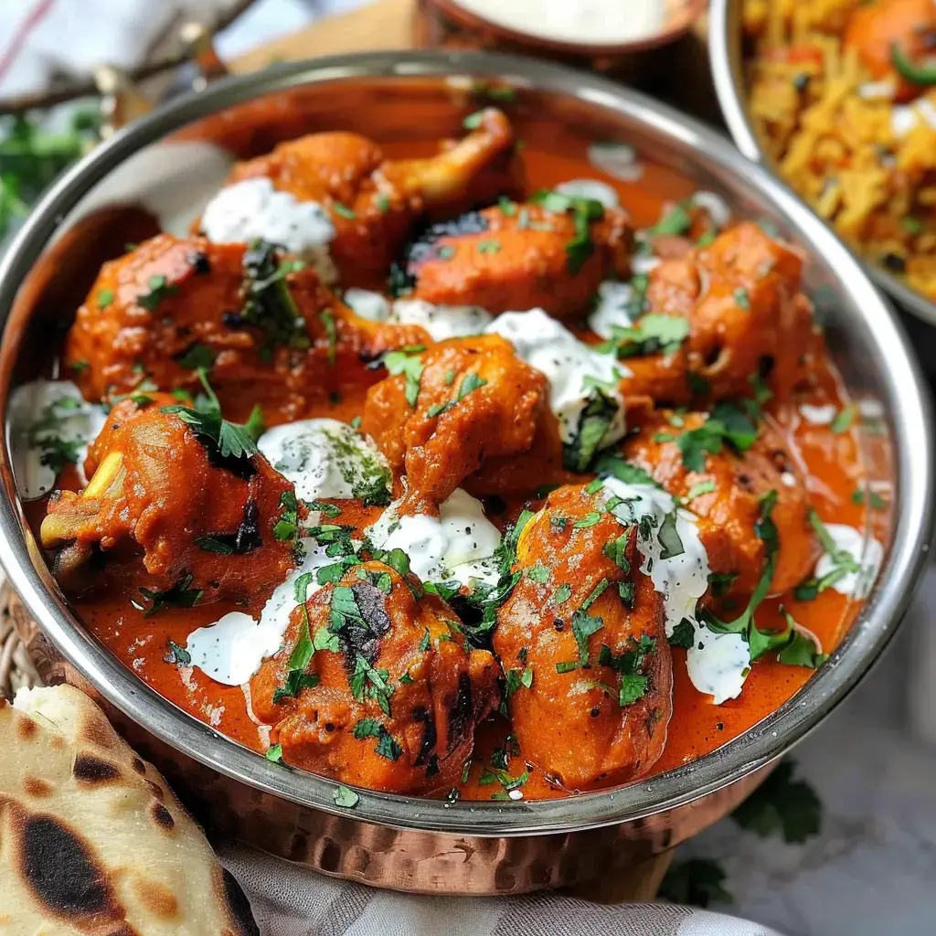 Un plat de poulet tikka masala avec sa sauce crémeuse, garni de coriandre fraîche et accompagné de riz basmati et de naan