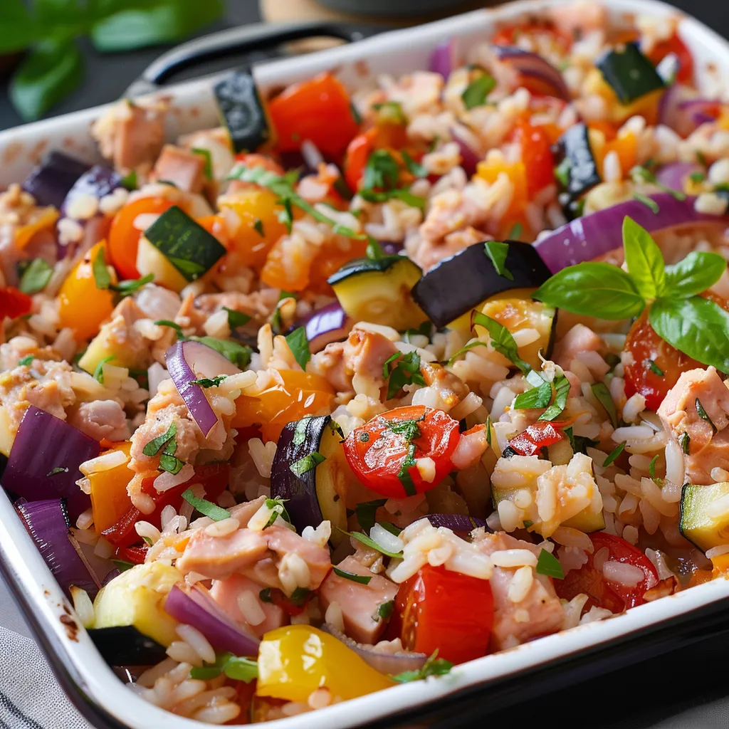 Gratin de riz, légumes et thon