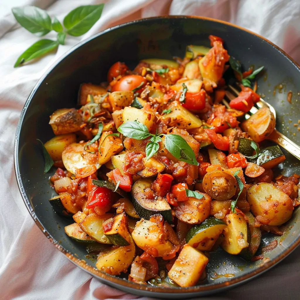 Légumes sautés avec pommes de terre, courgettes et tomates