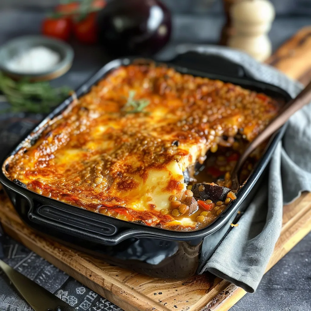 Plat de moussaka aux lentilles corail