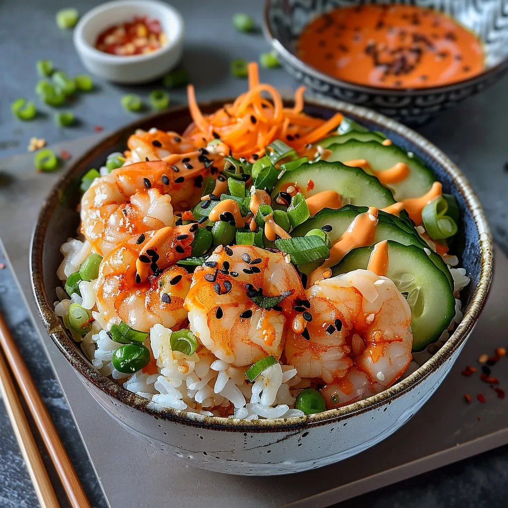 Bol de riz avec crevettes et sauce pimentée maison