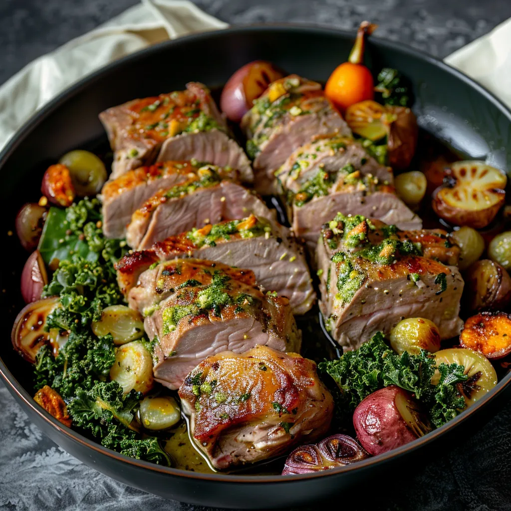 Gigot d'agneau maison avec pesto pistache et légumes grillés