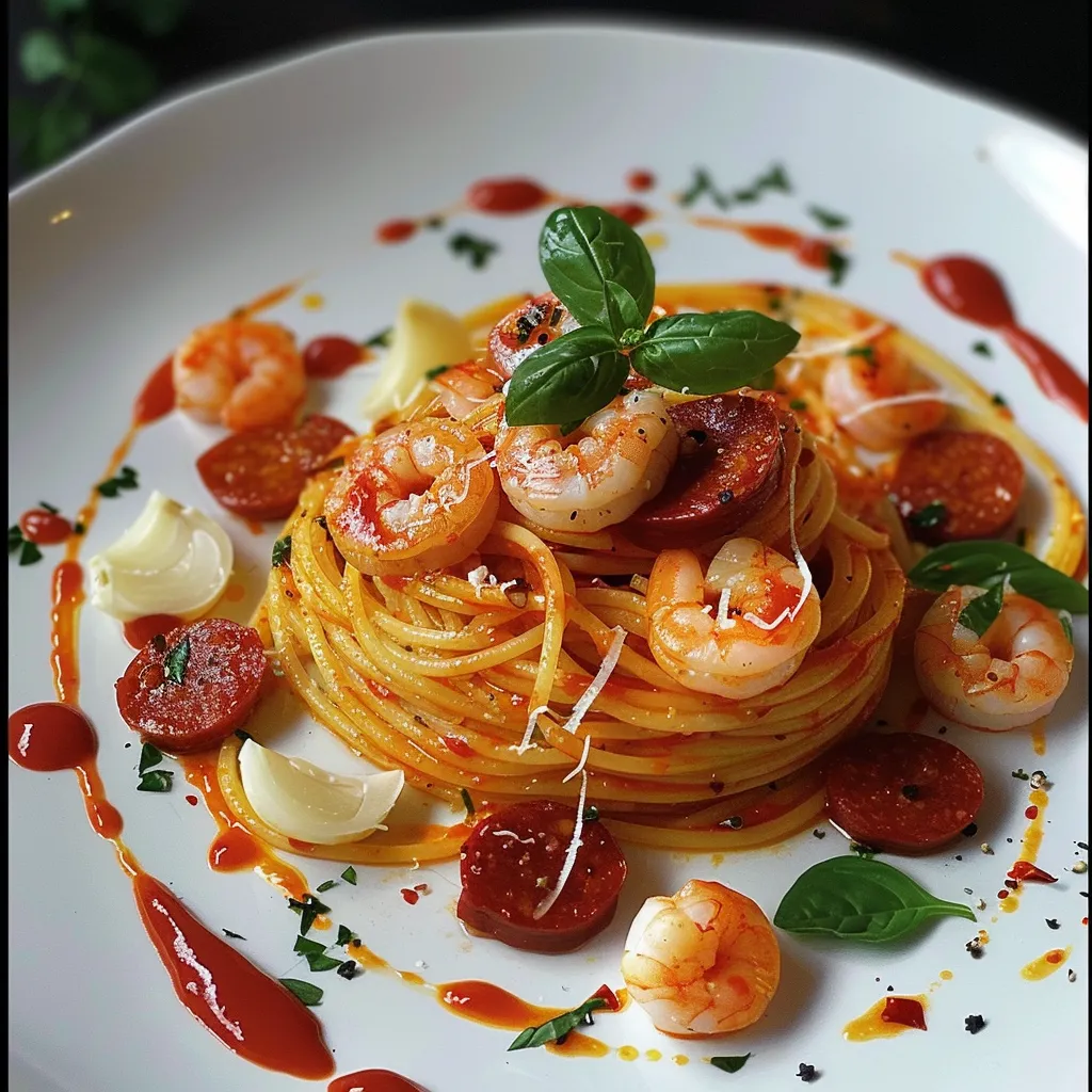 Tagliatelles à la Crème de Poivron, Saucisson et Crevettes