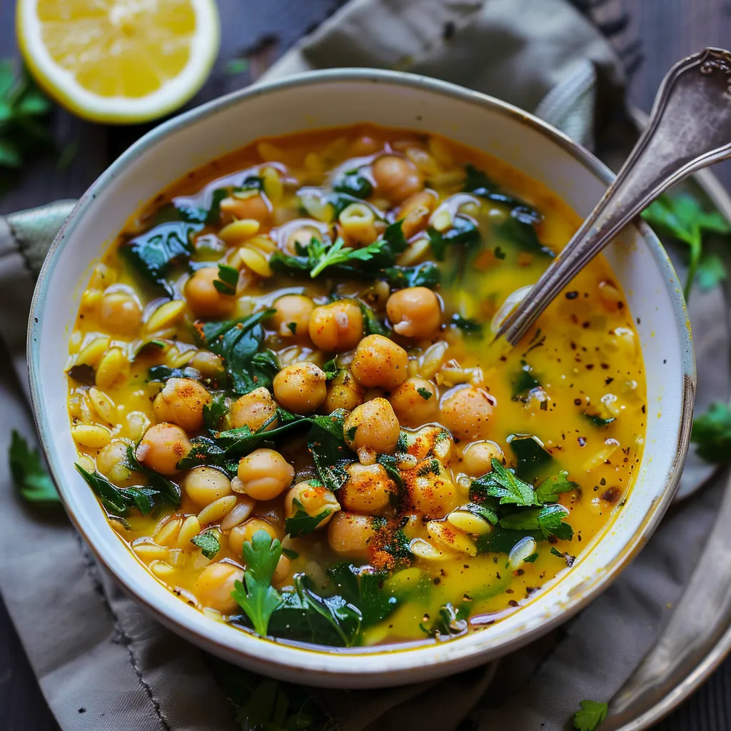 Délicieuse soupe maison au curcuma, pois chiches et épinards