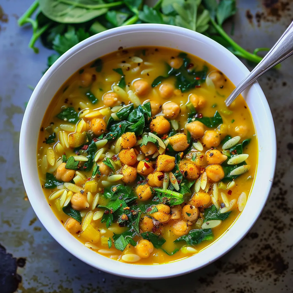 Soupe dorée au curcuma avec pois chiches, coquillettes et épinards