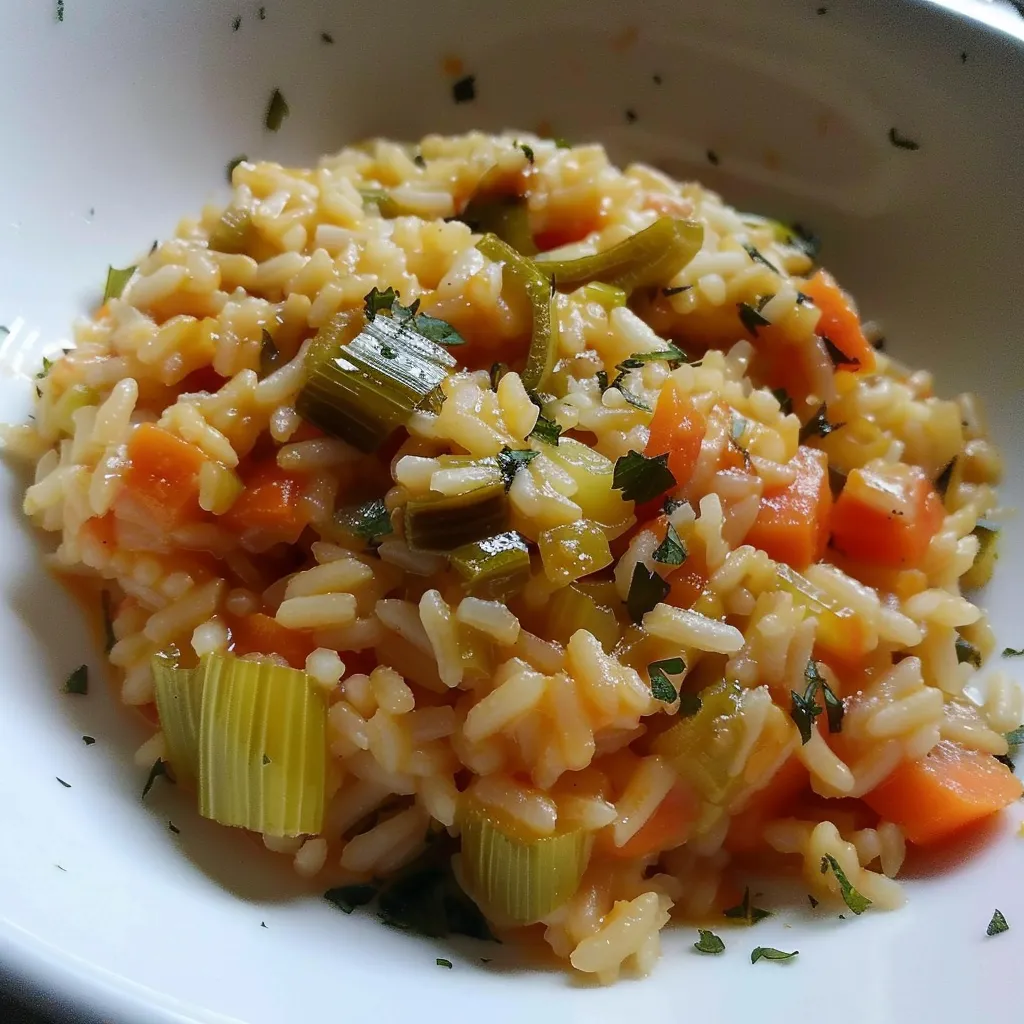 Plat de riz moelleux avec poireaux et carottes