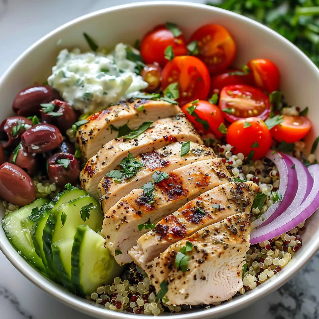 Bol au quinoa et poulet avec des accents grecs