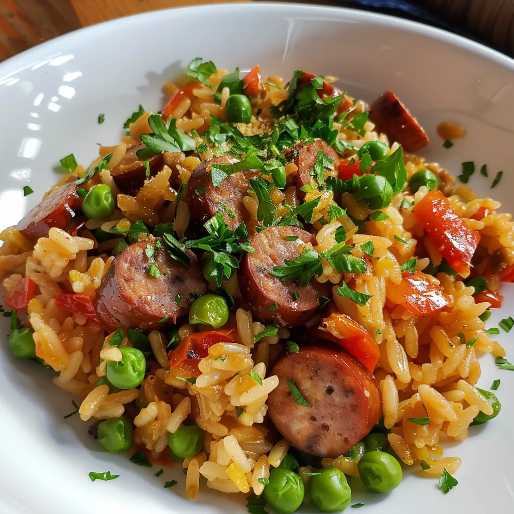 Riz onctueux avec saucisses et légumes