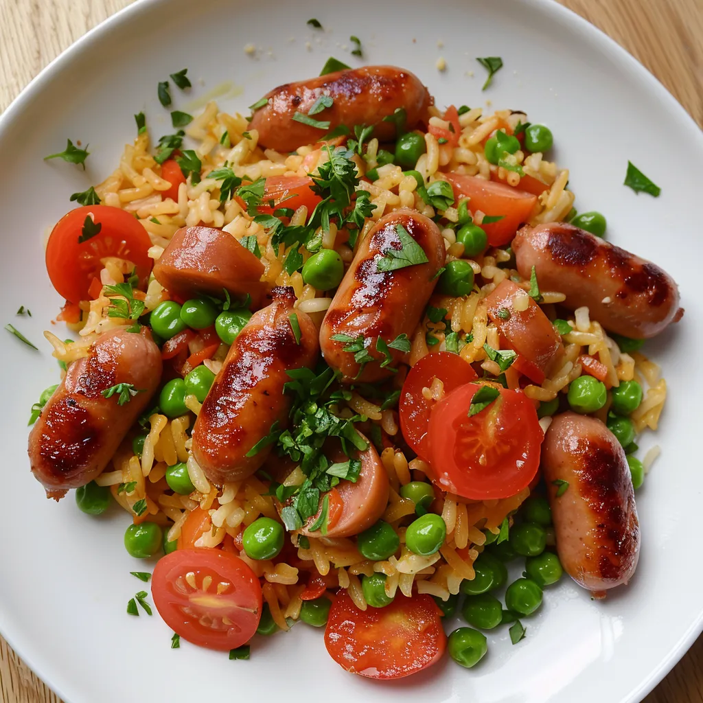 Riz à la saucisse de Toulouse et petits pois