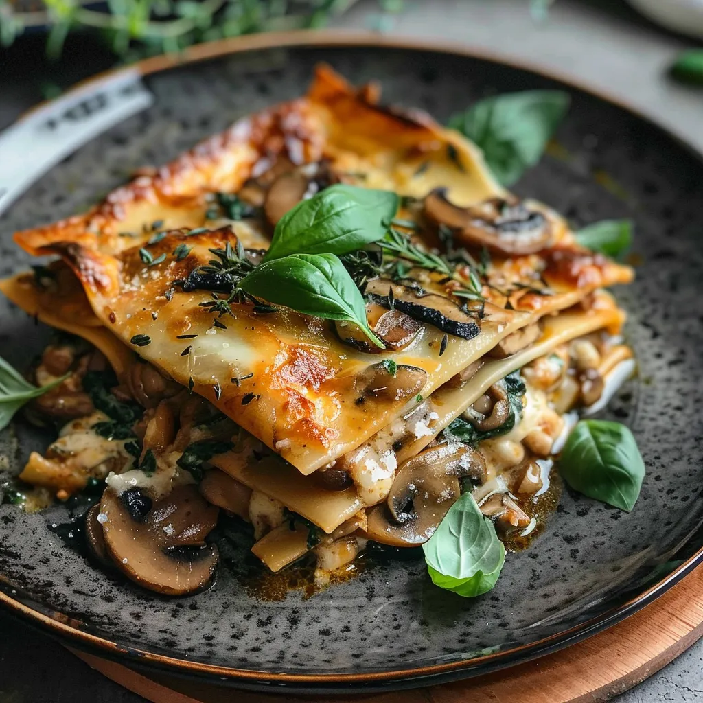 Lasagnes végétariennes aux champignons et épinards fraîchement cuites