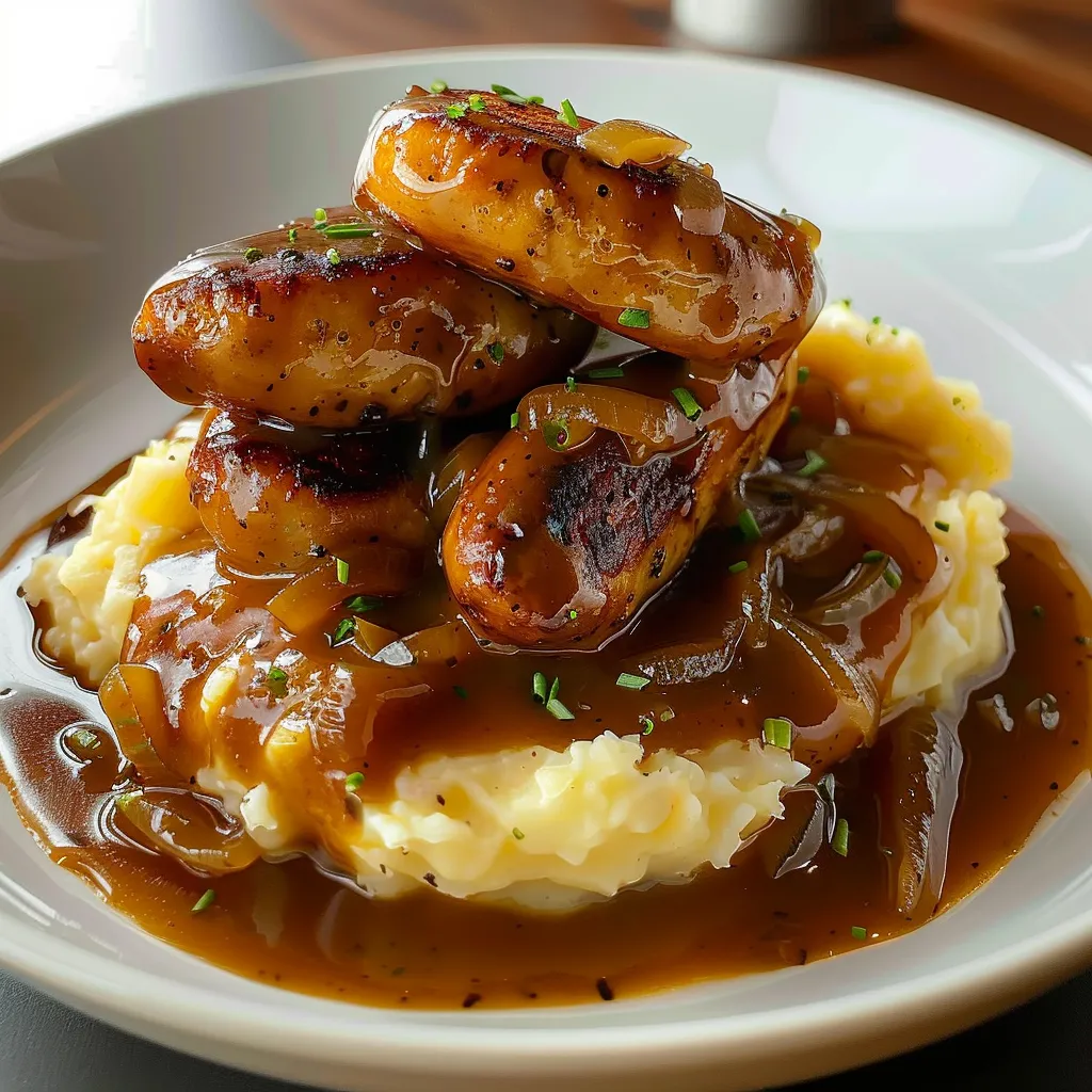 Plat savoureux de purée et saucisses avec sauce aux oignons