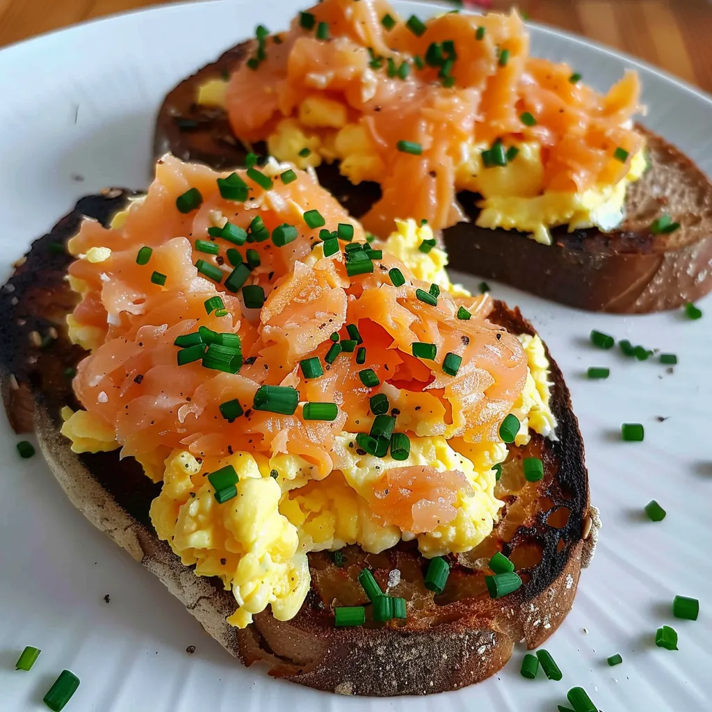 Tartine gourmande œufs brouillés et saumon