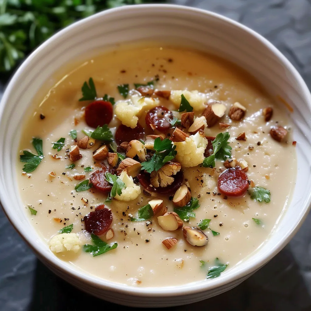 Velouté gourmand au chou-fleur, chorizo et noisettes