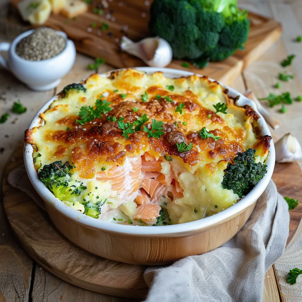 Parmentier de saumon et brocolis gratiné au Beaufort