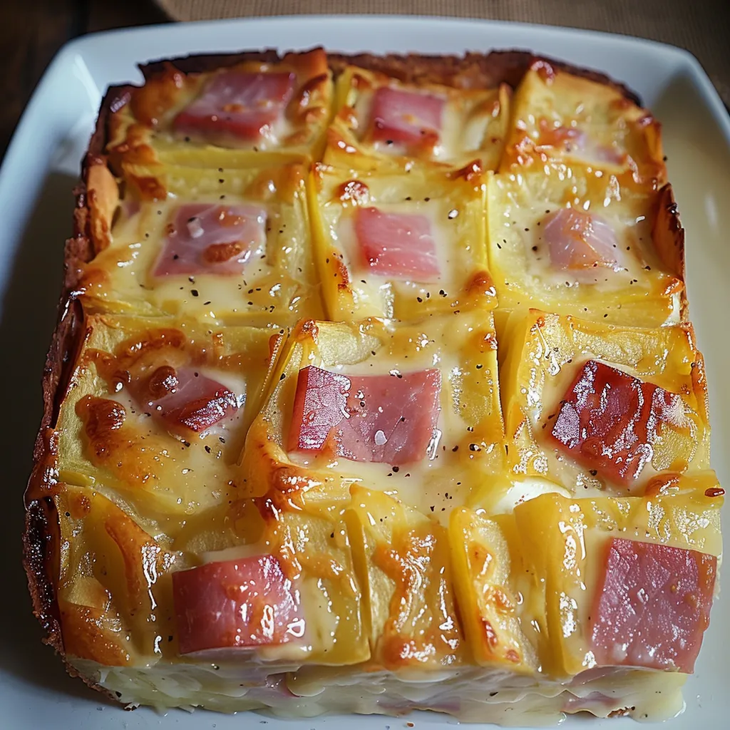 Gratin de pommes de terre, jambon et fromage crémeux