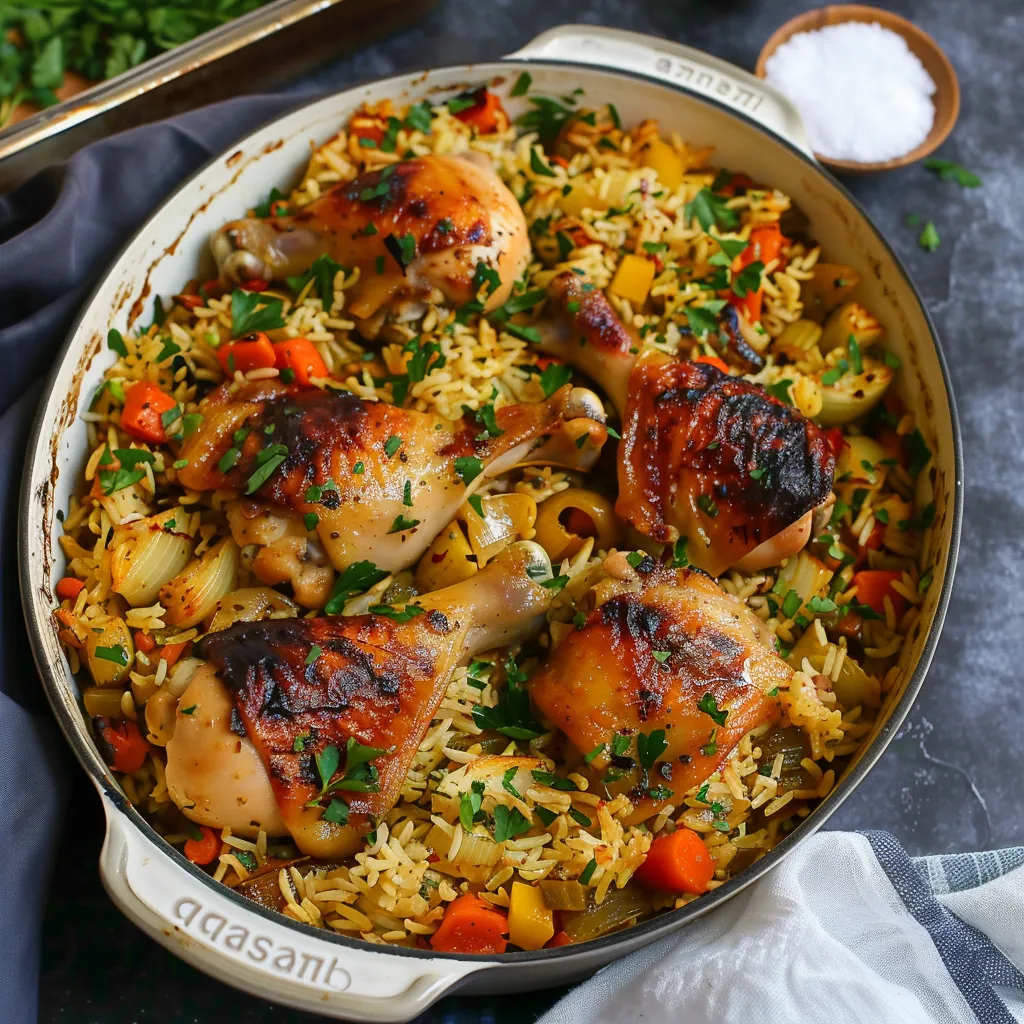 Plat au four avec poulet, riz et légumes