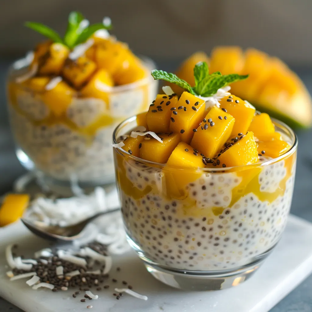 Pudding de chia au lait de coco et mangues