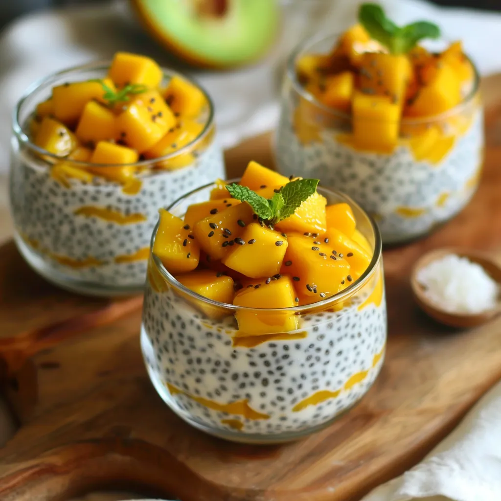 Préparation de pudding chia lait de coco et mangue fraîche