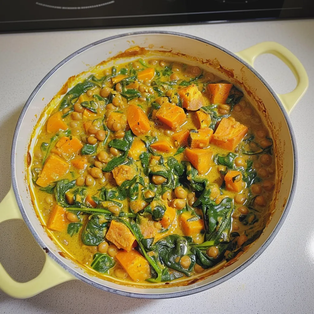 Un curry épicé aux légumes verts, pois chiches et patates douces