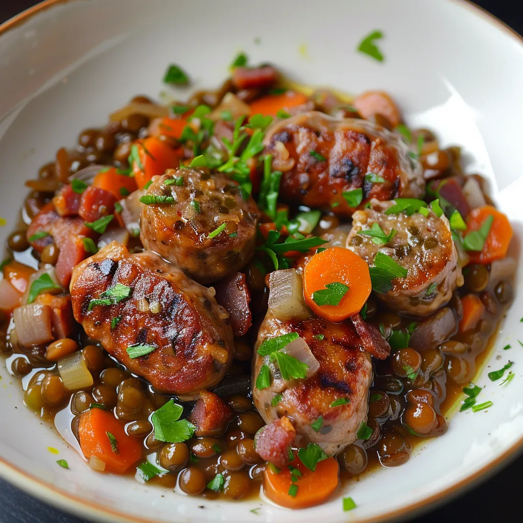 Plat traditionnel de lentilles et saucisse