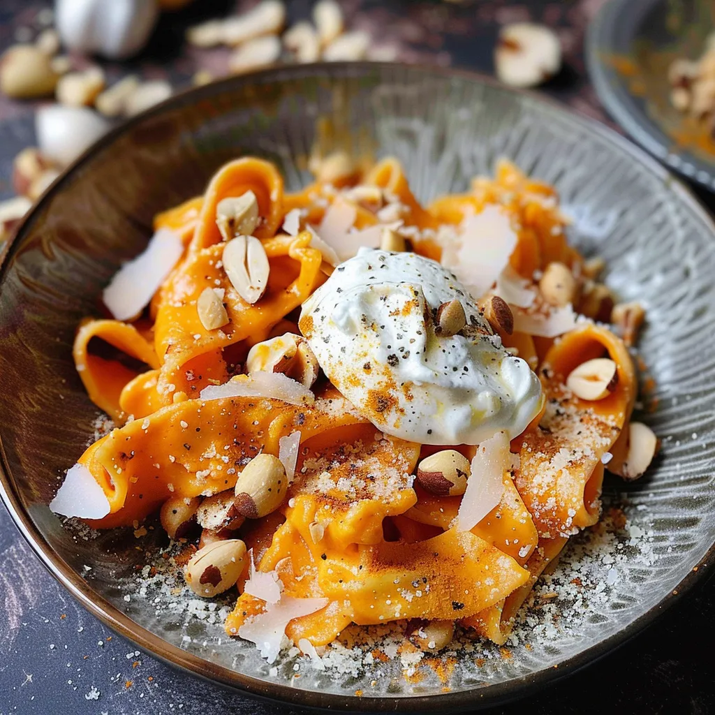 Pâtes à la crème de carotte, curry et burrata - Recette facile