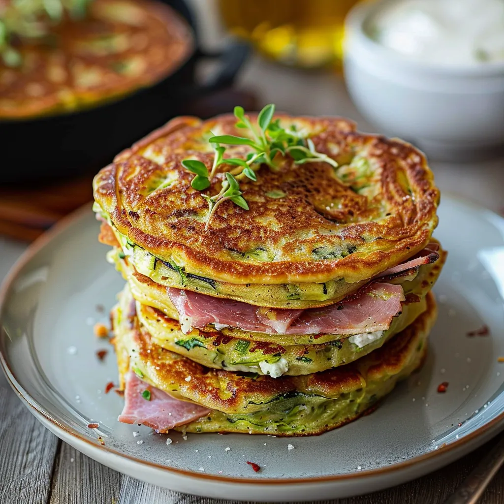 Pancakes fourrés courtette, chèvre et jambon