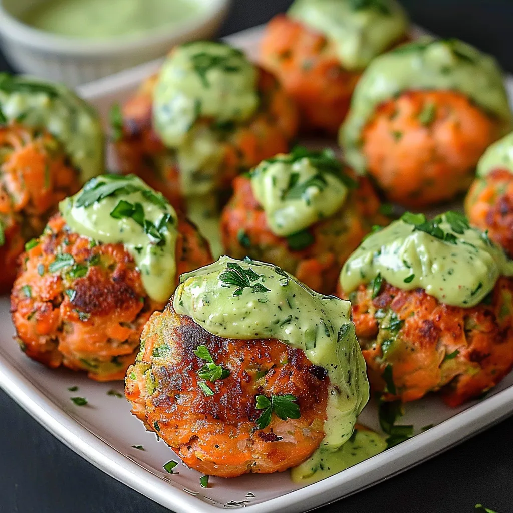 Délicieuses bouchées de saumon dorées avec une sauce avocat crémeuse