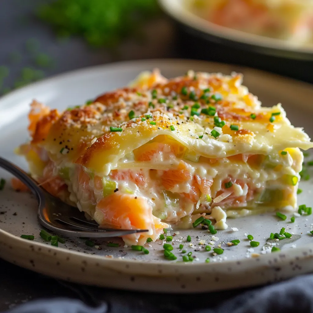 Un gratin réconfortant de ravioles, poireaux et saumon fumé