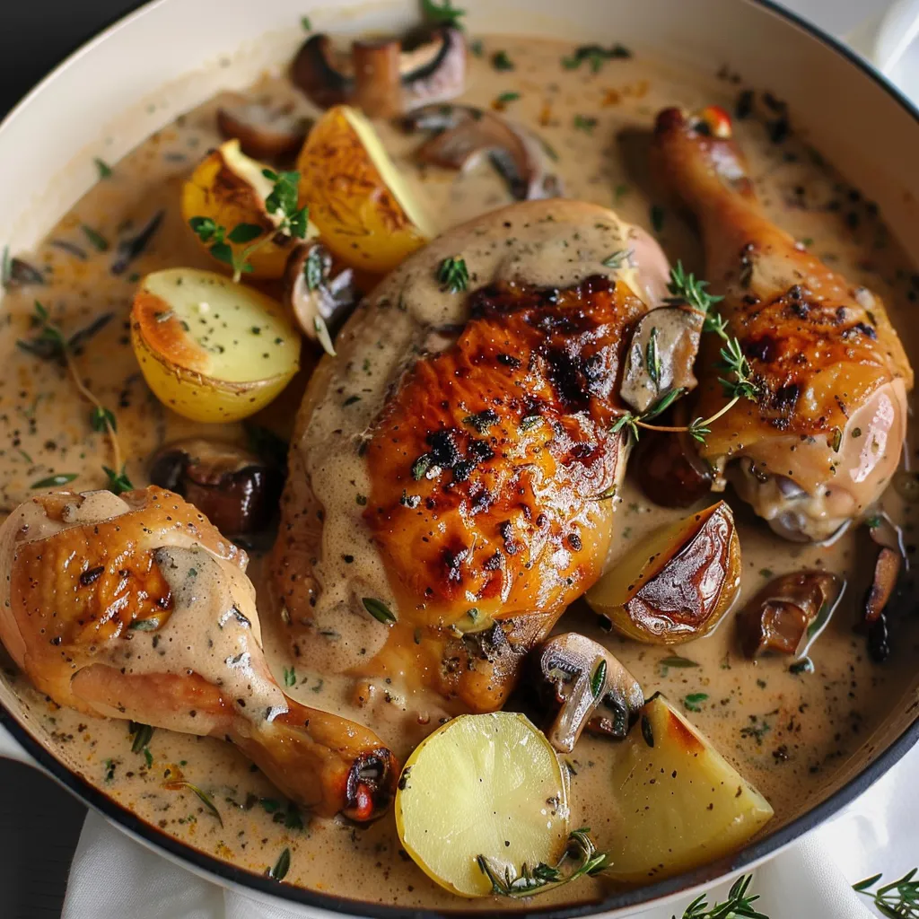 Poulet doré avec sauce crémeuse au vin blanc et herbes fraîches