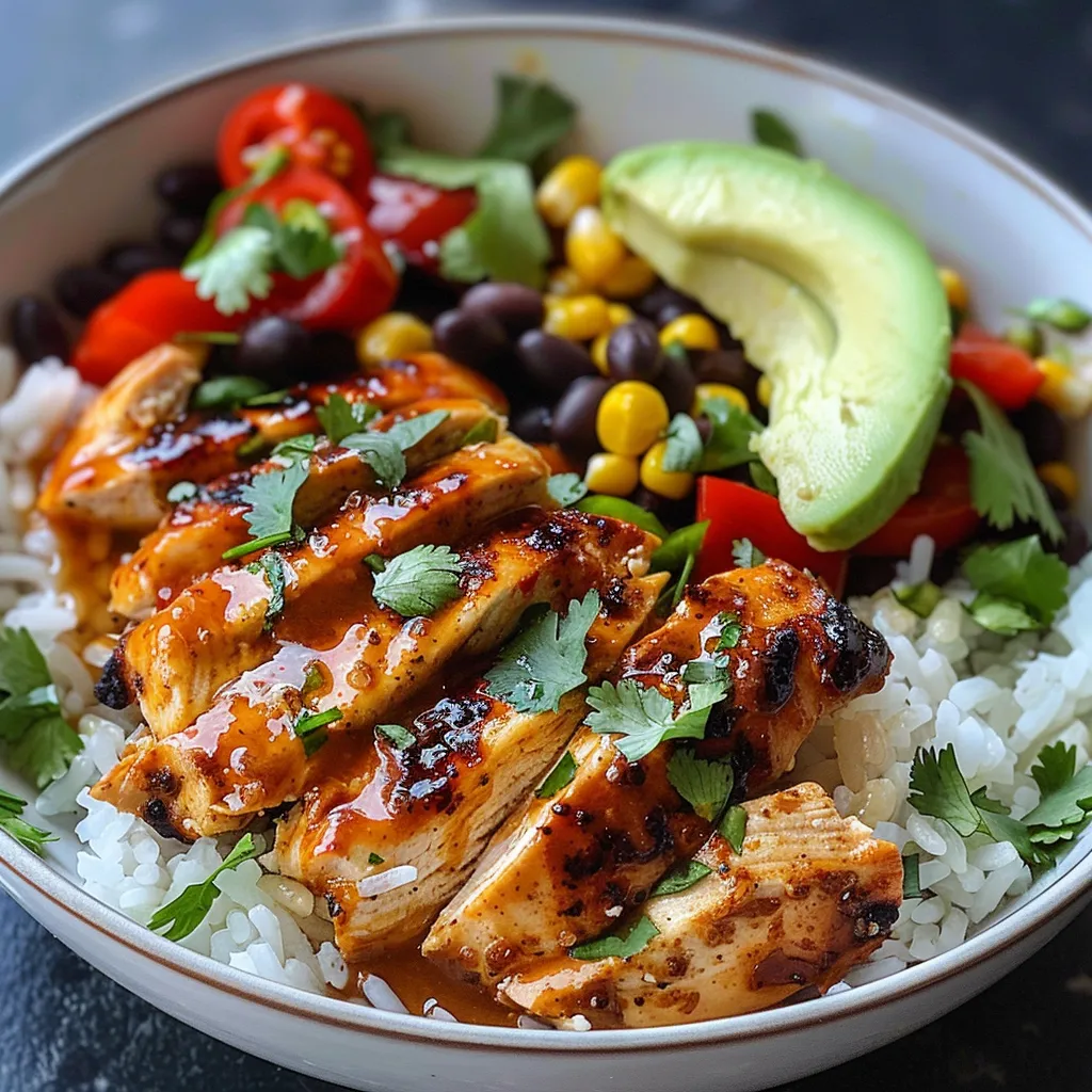 Assiette de riz parfumé avec poulet au miel et chipotle