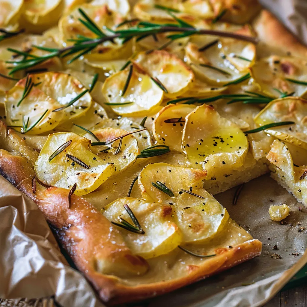 Délicieuse focaccia garnie de pommes de terre et parfum de romarin