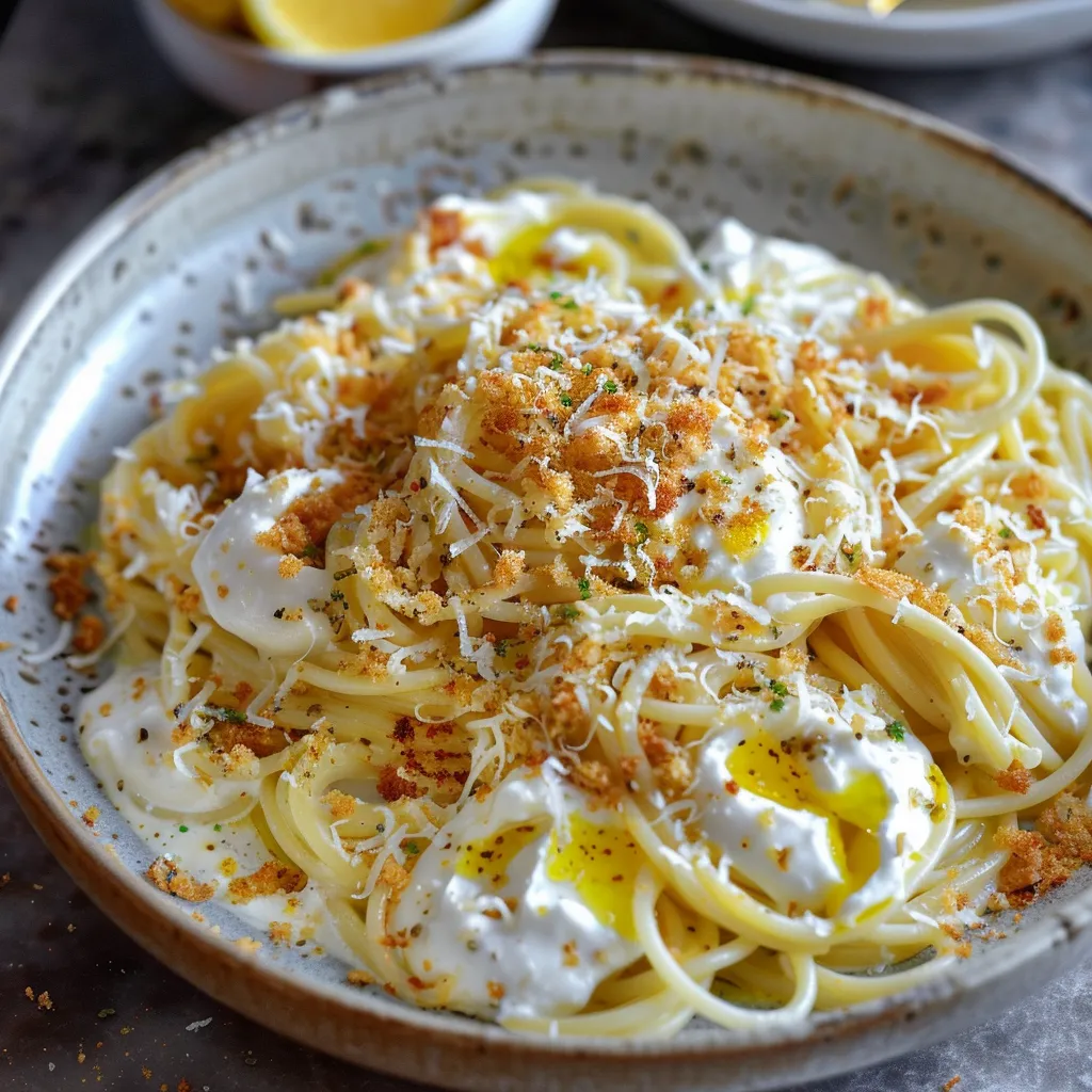 Délicieux capellini au citron et fromages avec chapelure dorée